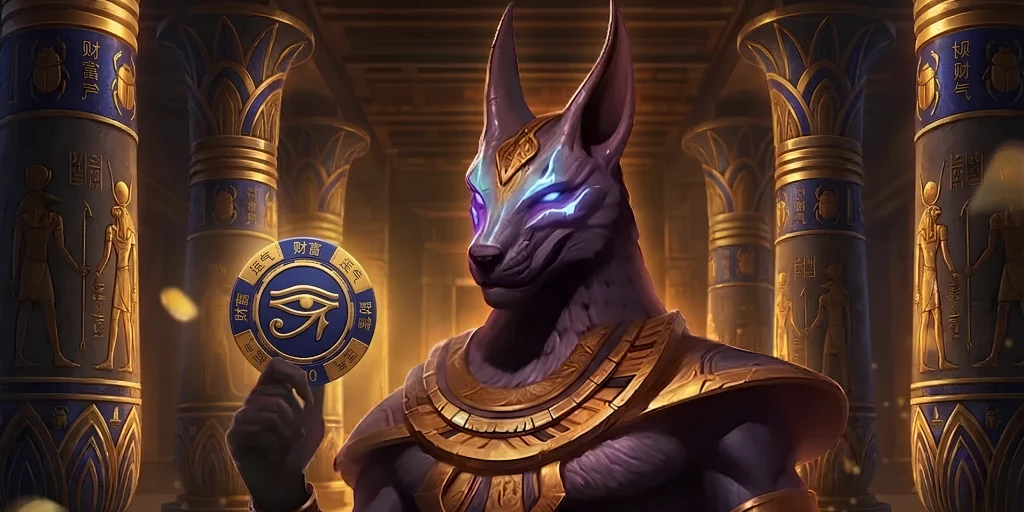 Anubis character in an ancient Egyptian temple holding a blue casino chip with the Eye of Horus symbol.